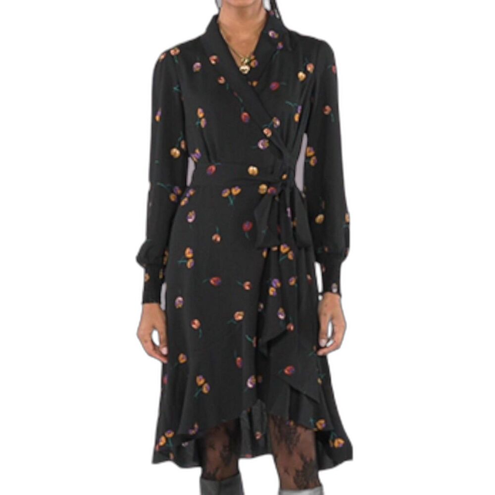 Cabi Divine Floral Wrap Dress Womens Medium Black Floral Smocked Wrists